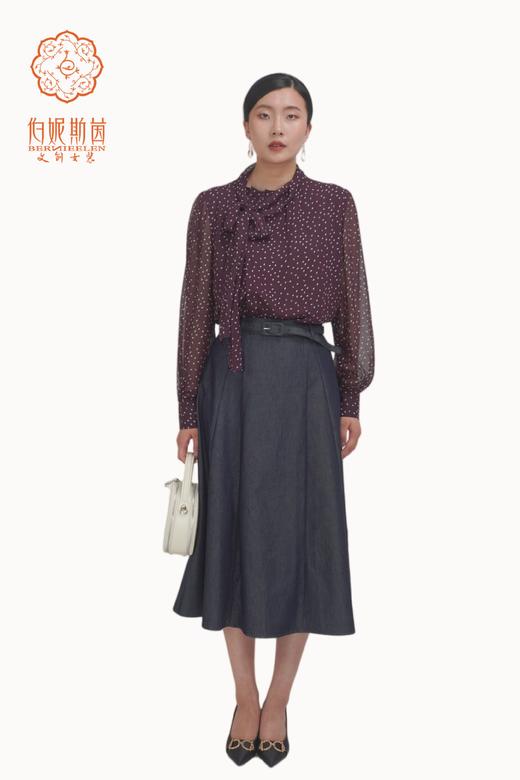 伯妮斯茵 | 复古知性 牛仔中长款伞裙 挺括牛仔面料 显瘦遮肉 气质约会款  SZ3B57-石涅色半裙 商品图0