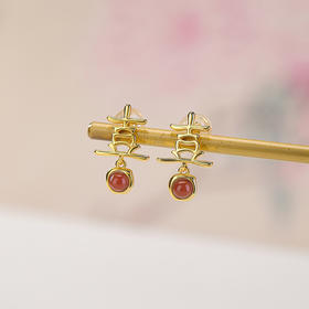 S925纯银南红玛瑙耳钉，复古新中式喜字双喜耳饰订婚CW-ED03982