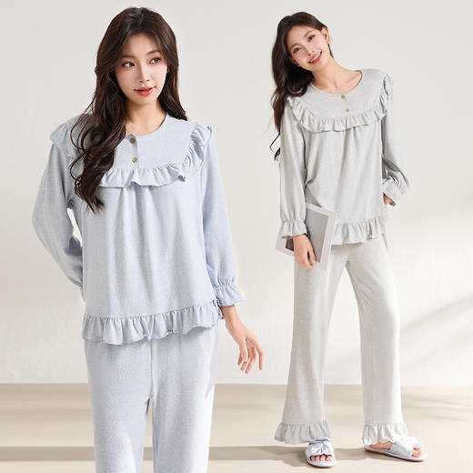 爱帝女士绵柔花纱长袖家居服宽松减龄荷叶边睡衣套 商品图3