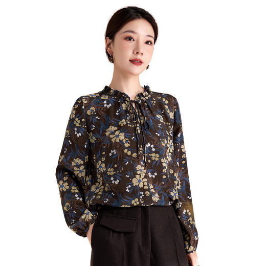 QS真丝桑蚕丝拼接双绉圆领轻奢上衣女100%桑蚕丝宽松秋季新款1765 商品图4