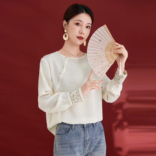 QS25秋季新款真丝丝绒国风袖口拼织带时尚衬衣对襟圆领长袖上衣2325 商品图1