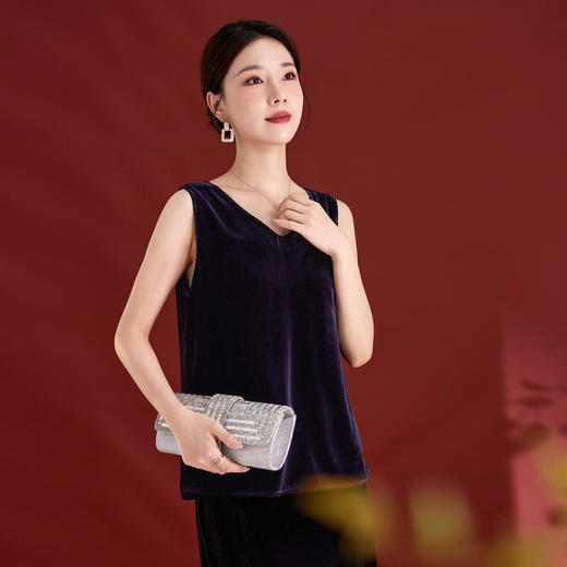 QS黑色丝绒吊带背心女内搭露肩100%桑蚕丝纯色无袖舒适透气百搭1793 商品图1