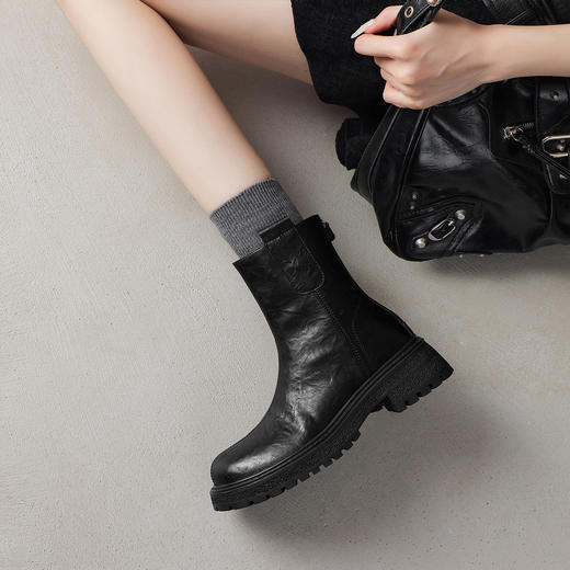 阿么手工女鞋英伦风复古短靴2025新款真皮时装单靴厚底百搭4.5CM 商品图1