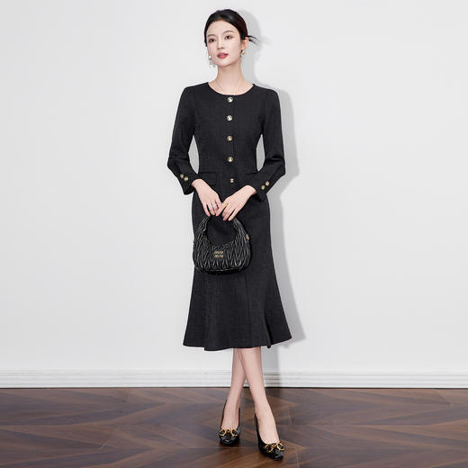 「高货wl」全新升级【铂金会员330/天猫439/差价109】(02919)洛诗琳新款优雅小香风连衣裙2025秋季法式收腰显瘦鱼尾裙 商品图1