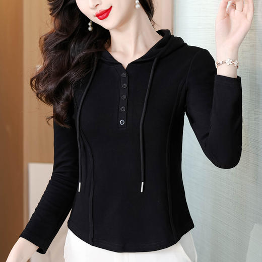 KQL 355H8300连帽正肩长袖T恤修身显瘦休闲上衣 商品图0