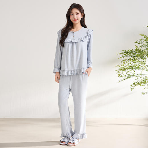 爱帝女士绵柔花纱长袖家居服宽松减龄荷叶边睡衣套 商品图5