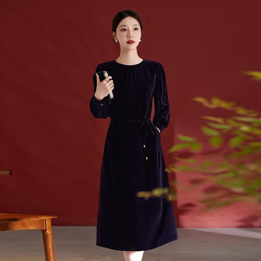 QS复古真丝绒连衣裙女秋冬高贵气质优雅洋气阔太太桑蚕丝长袖款1217 商品图2