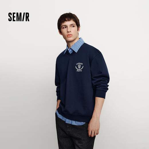 森马卫衣男冬季学院风假两件情侣装加绒2025新款oversize绣花上衣 商品图0