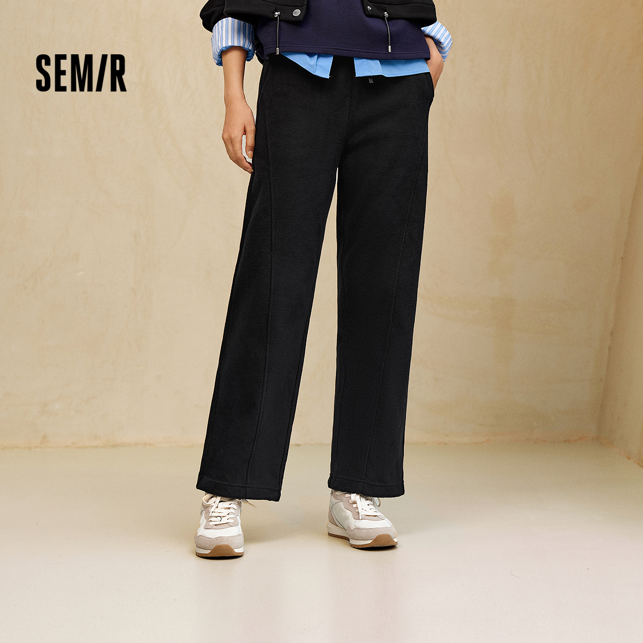 森马休闲裤女冬季抓绒分割松紧腰宽松长裤显腿长简约慵懒风阔腿裤