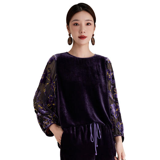 QS2025秋冬长袖国风印花拼接真丝丝绒复古上衣圆领气质时尚新款1331 商品图4