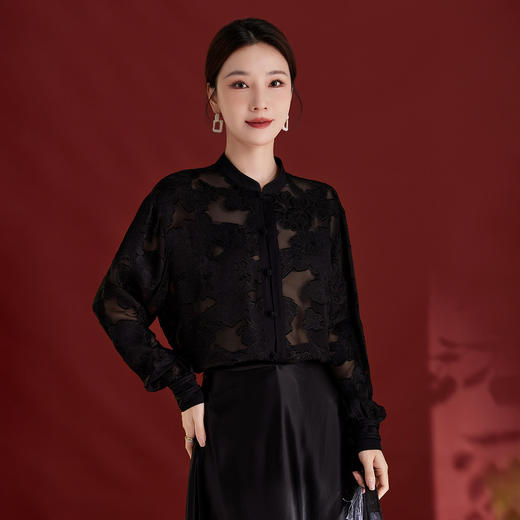 QS2025秋季新款真丝桑蚕丝女法式通勤薄款新中式立领宽松上衣1791 商品图0