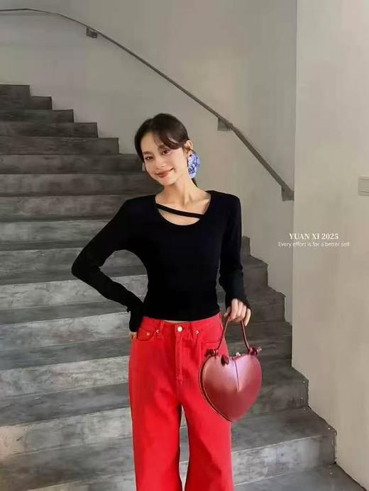 冰点价！仅限11.11！退货勿拍【秋上新】25013斜杠U领高弹力螺纹修身长袖长袖上衣-喜出 商品图2