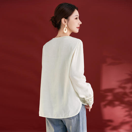 QS25秋季新款真丝丝绒国风袖口拼织带时尚衬衣对襟圆领长袖上衣2325 商品图3