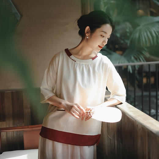 棉麻女装2025夏季新款汉麻t恤女设计感圆领复古短袖上衣 商品图2