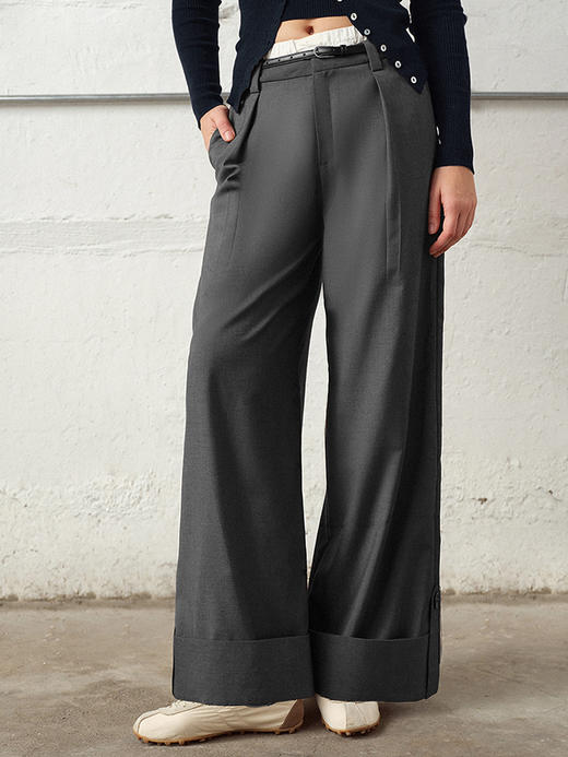 TR她热 都市丽人 灰白撞色拼接翻边通勤百搭西装阔腿裤 商品图4