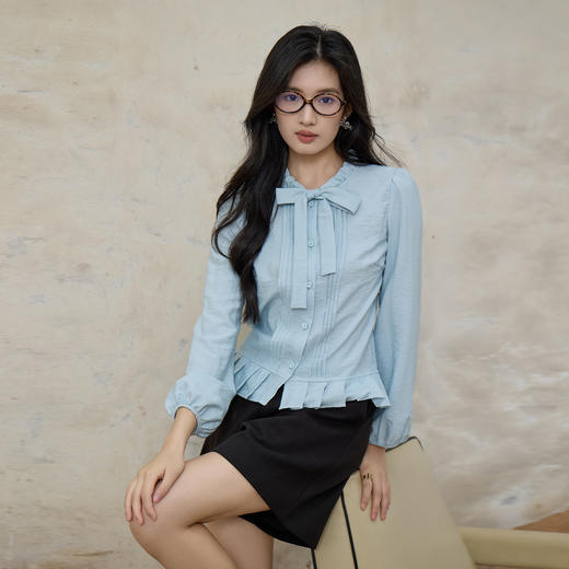 奢姿大码女装2025秋季减龄蝴蝶结绑带简约衬衫胖妹妹百褶时尚上衣9953270259 商品图2