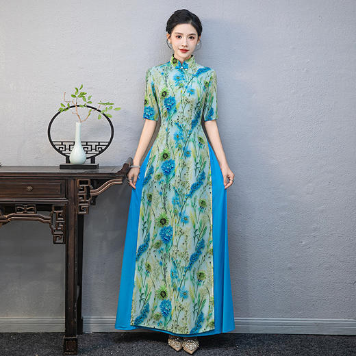 新款奥黛长旗袍改良版高级优雅走秀节目演出服显瘦大码连衣裙 商品图1