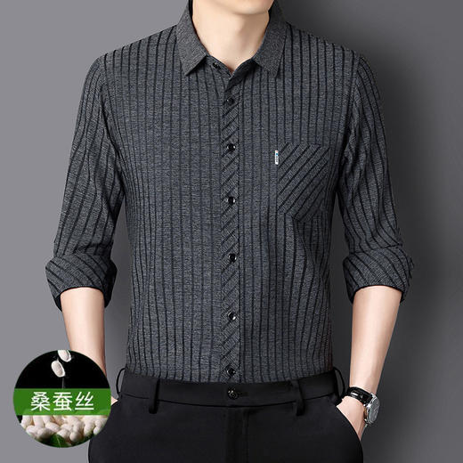 桑蚕丝长袖衬衫男式条纹真口袋翻领宽松男士衬衣 商品图3