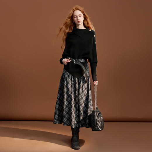 三彩2025冬季新款格纹半身裙松紧腰A字裙长裙简约M 商品图1