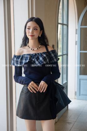 【门店同款】ENJOY秋季“浮光织影”格纹一字领上衣 165800225