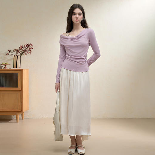 西遇编织花朵拼接荡领长袖T恤女秋季设计感小众假两件上衣V3051249 商品图1