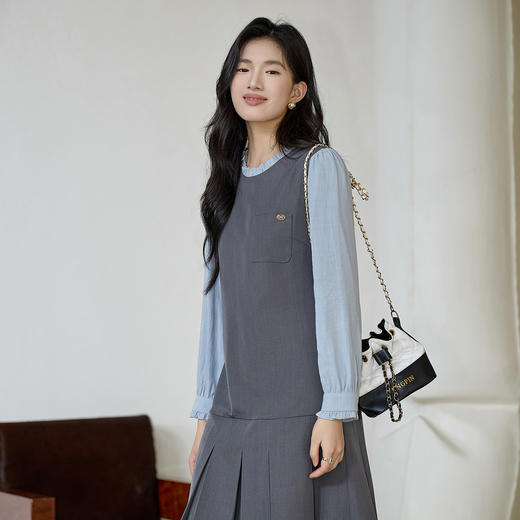 奢姿大码女装2025秋季胖妹妹时尚撞色设计气质花边装饰圆领连衣裙9953894273 商品图1