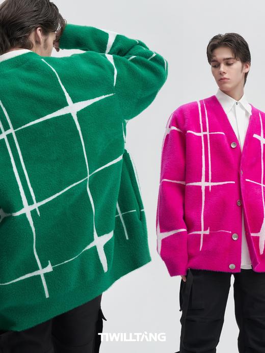 TIWILLTANG启世录“星硭 "仿貂毛休闲原创格子提花开衫毛衣针织男 商品图1