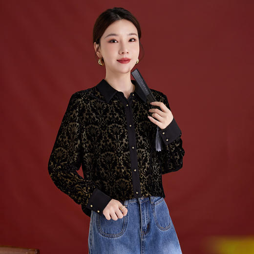 QS2025真丝烧花丝绒衬衫上衣女高级感轻奢时尚阳气宽松减龄长袖1857 商品图1