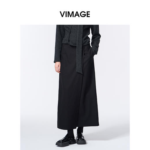 VIMAGE纬漫纪长款休闲百搭气质开叉黑色直筒半身裙2025秋季新款V2406110 商品图2