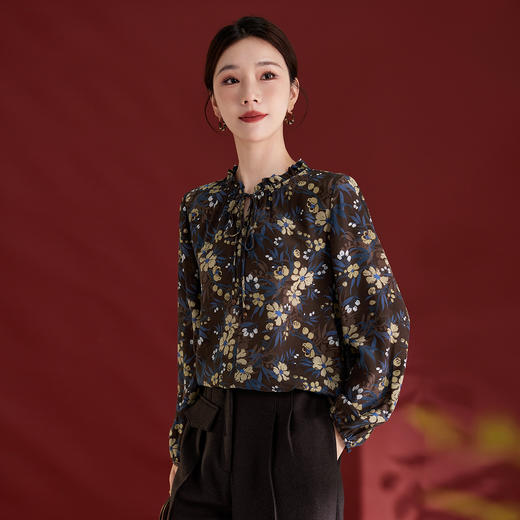 QS真丝桑蚕丝拼接双绉圆领轻奢上衣女100%桑蚕丝宽松秋季新款1765 商品图1