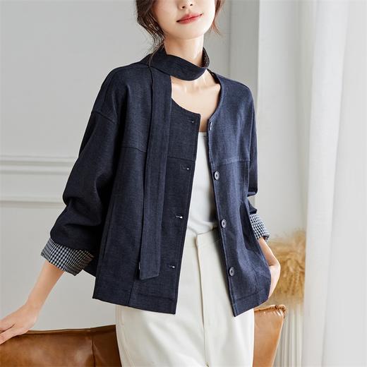 馥迦法式复古圆领格子袖牛仔短外套 商品图1