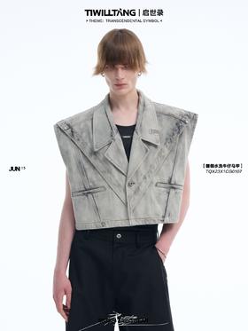 TIWILLTANG 启世录“锛淳”翻领水洗复古牛仔马甲上衣短款宽松男
