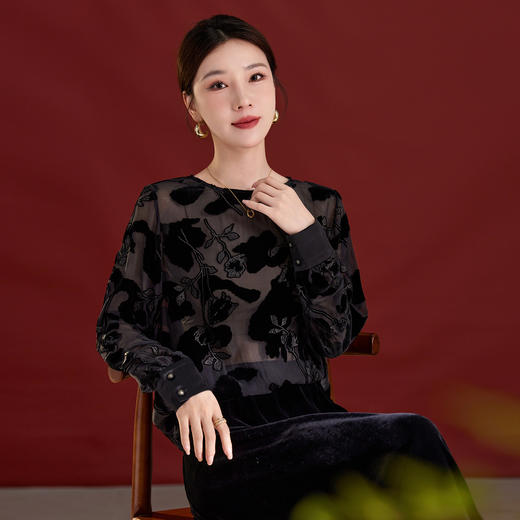 QS2025早秋新款烧花真丝丝绒休闲T恤女时尚轻奢显瘦圆领长袖1861 商品图2