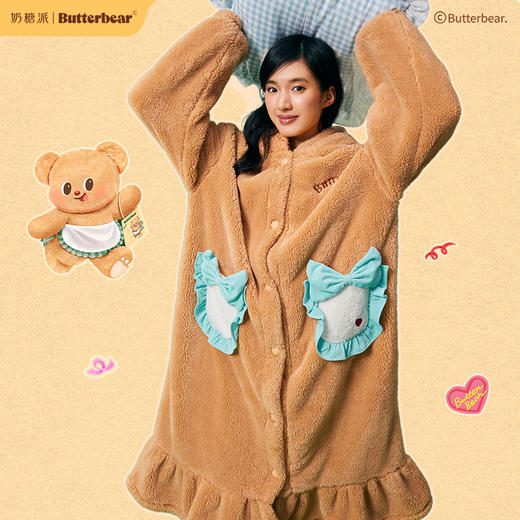 奶糖派[围裙熊睡袍]女冬保暖家居服黄油小熊联名新款长款女斗篷睡袍 商品图0
