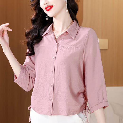 KQL 355H8291纯色POLO领长袖衬衫抽绳显瘦上衣 商品图3