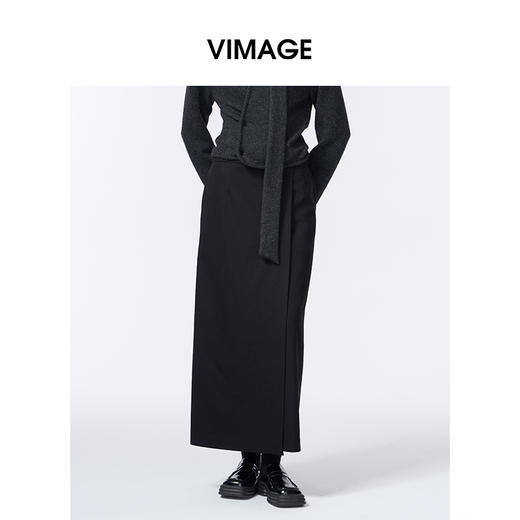 VIMAGE纬漫纪长款休闲百搭气质开叉黑色直筒半身裙2025秋季新款V2406110 商品图3