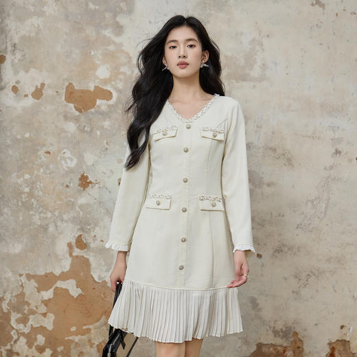 奢姿大码女装2025秋季V领小香风裙子胖妹妹时尚拼接百褶连衣裙9953853569 商品图0