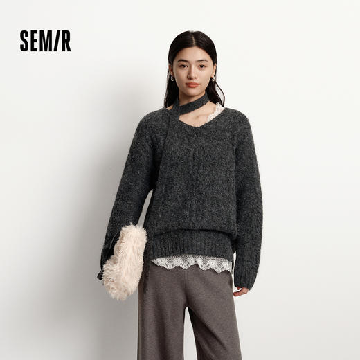 森马毛衣女冬围巾蕾丝V领绞花宽松2025新款慵懒优雅小性感套头衫 商品图1