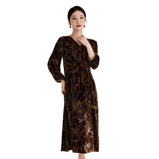 QS重磅桑蚕丝连衣裙女2025秋季新款长袖丝绒印花v领中长款优雅1829 商品图4