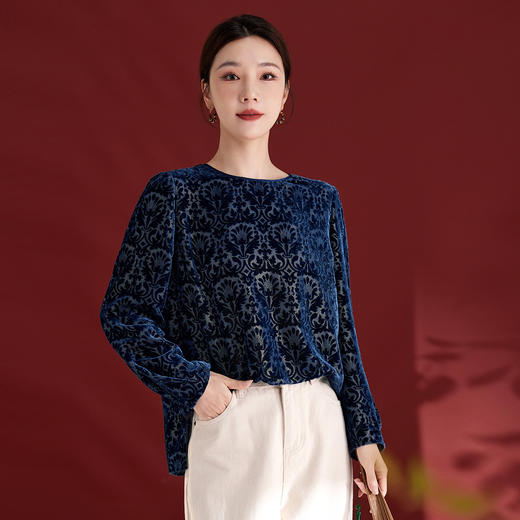 QS2025年真丝丝绒烧花圆领长袖小衫上衣宽松休闲时尚洋气百搭款1853 商品图2