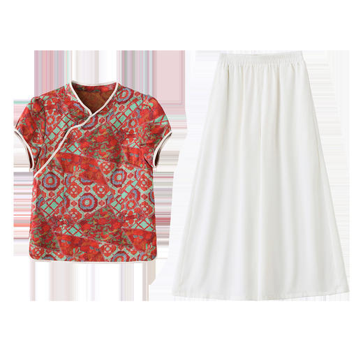 XS99922新中式复古印花套装女2025夏季新款改良旗袍气质阔腿裤两件套 商品图4