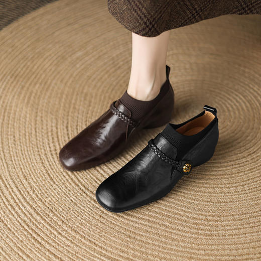 【预售5天】真皮针织深口高跟鞋中跟粗跟软羊皮方头乐福小皮鞋复古单鞋女LD&7441 商品图1