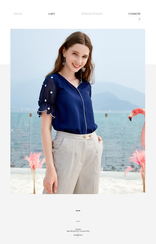 欧芮儿夏日清爽藏青色短袖上衣透气舒适百搭 商品图3