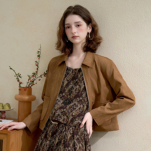 西遇美拉德复古翻领麂皮绒短外套女秋季气质正肩拉链夹克上衣V3155133 商品图2