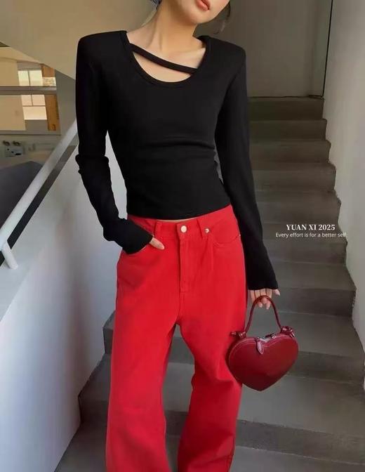 冰点价！仅限11.11！退货勿拍【秋上新】25013斜杠U领高弹力螺纹修身长袖长袖上衣-喜出 商品图0