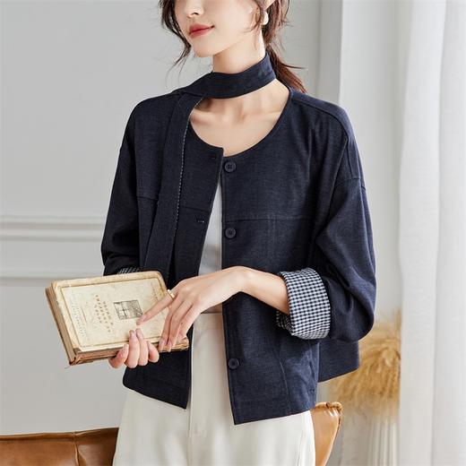 馥迦法式复古圆领格子袖牛仔短外套 商品图2