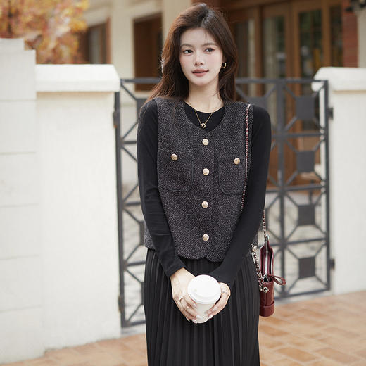 秋季新款法式氛围感小香风马甲背心气质百褶连衣裙套装AIMI29998 商品图1