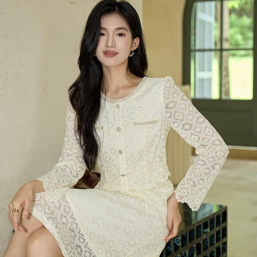 奢姿大码女装2025秋装新款胖妹妹假两件优雅镂空蕾丝长袖连衣裙9953853632 商品图2