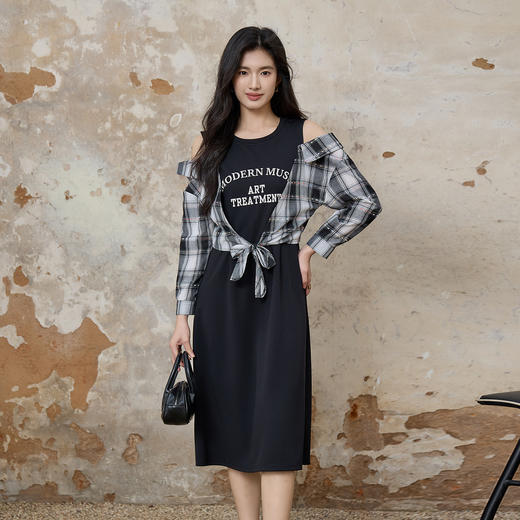 奢姿大码女装2025秋季减龄格纹字母印花两件套胖妹妹时尚圆领套装9953935147 商品图4