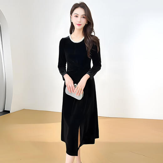 QYM 25S05-Y金丝绒连衣裙开衩礼服裙时尚 商品图1